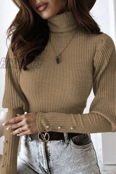 Hnewly - Casual Solid Buckle Fold Turtleneck Tops(3 Colors) Khaki / S Tops/Long Sleeve Tops